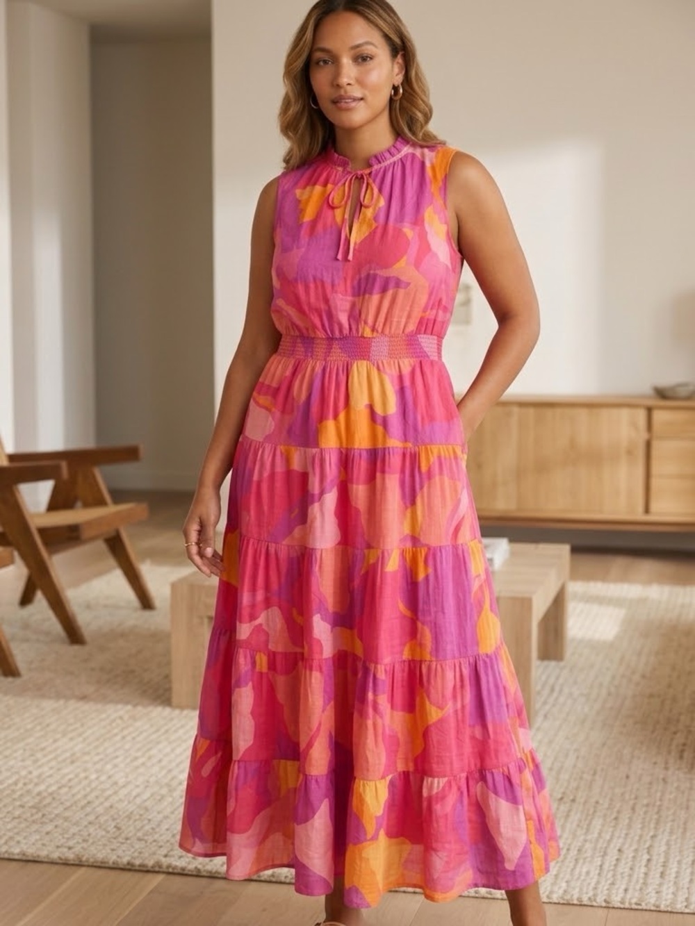 Cynthia Steffe Pink Orange Tiered Maxi Dress Resortwear Tropical Boho Women’s L